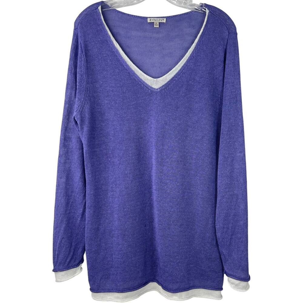 Avalin Vintage 100% Linen Tunic Top Purple/White Coastal Cool Long Sleeve Size M